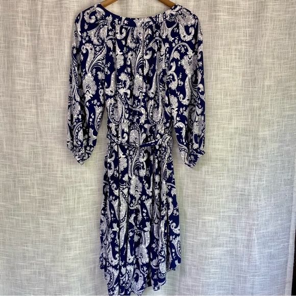 Talbots Flounce Hem Midi Dress Navy Blue White Paisley Large Petite - Picture 6 of 7